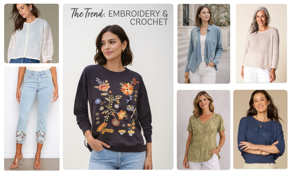 2026 Spring Fashion Trend: Embroidery and Crochet Collage of fashion clothing featuring crocheted and embroidered tops, denim and more