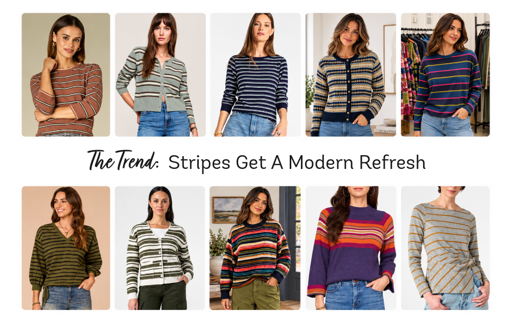 Women's striped sweaters and clothing trends for Fall 2026 Collage of striped items for fall