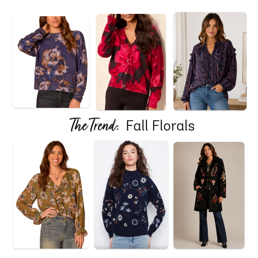 Dark floral prints and women's floral fashion for Fall 2026 Collage of fall fashion with floral patterns