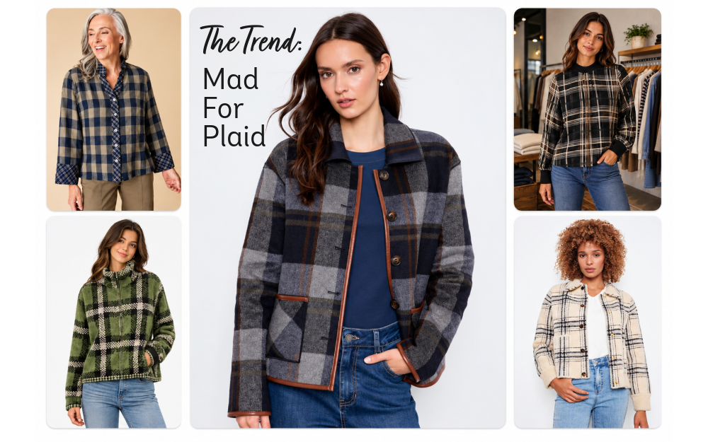 Women's plaid clothing and Fall 2026 plaid fashion trends Collage of plaid clothing, including jackets and tops.