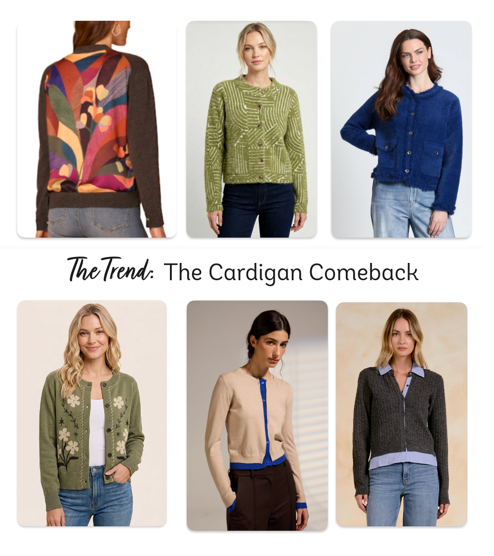 Women's cardigans and layering trends for Fall 2026 Collage of Trendy Cardigans for Fall from Top Brands