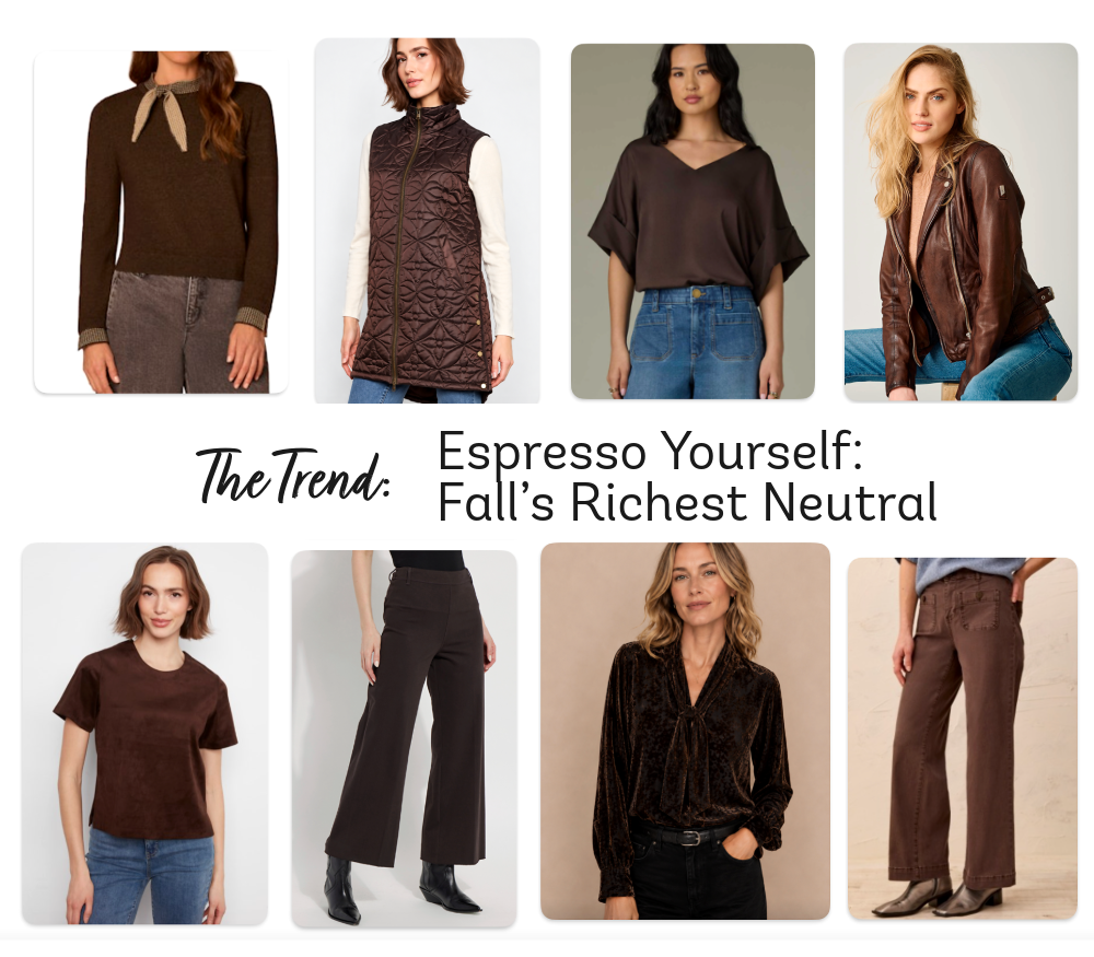Espresso brown women's fashion color trend for Fall 2026 Collage of espresso colored fashion clothing trending in fall 2026