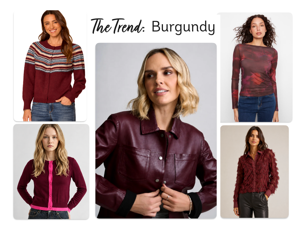 Burgundy women's clothing and accessories for Fall 2026 Collage of burgundy fashion clothing.