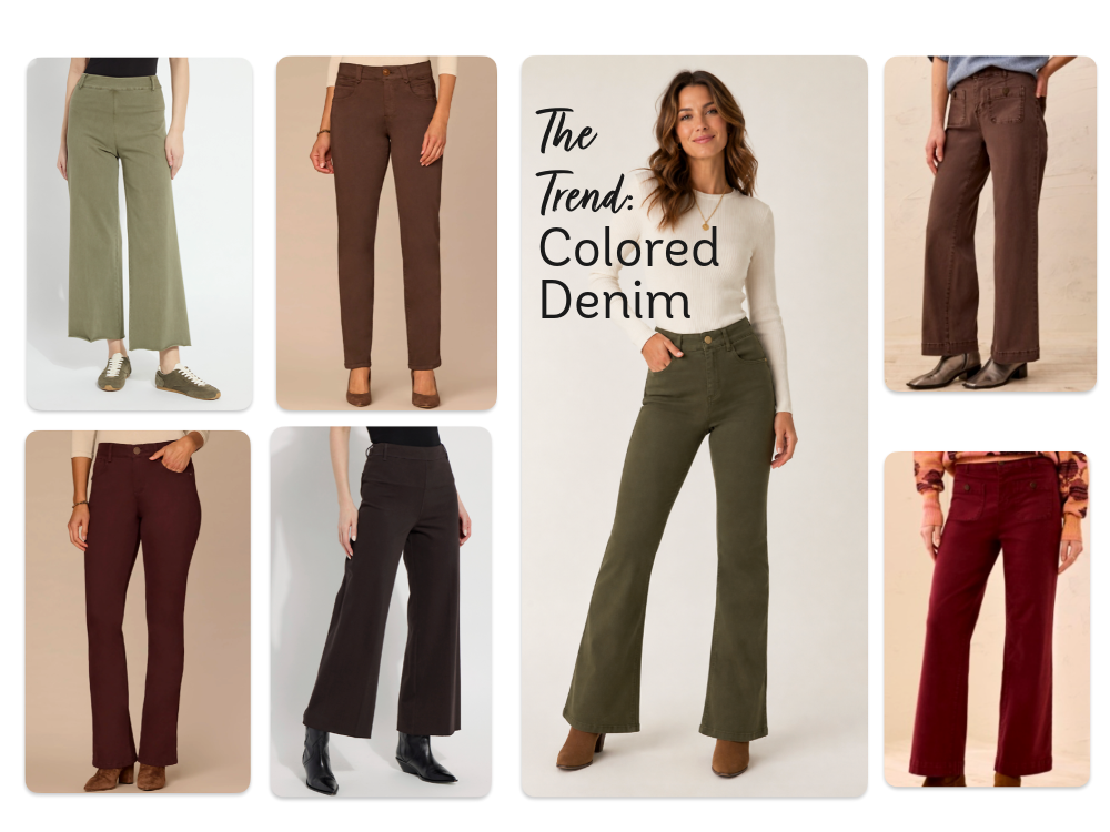 Women's colored denim jeans in Fall 2026 colors Collage of colored denim from top fashion brands