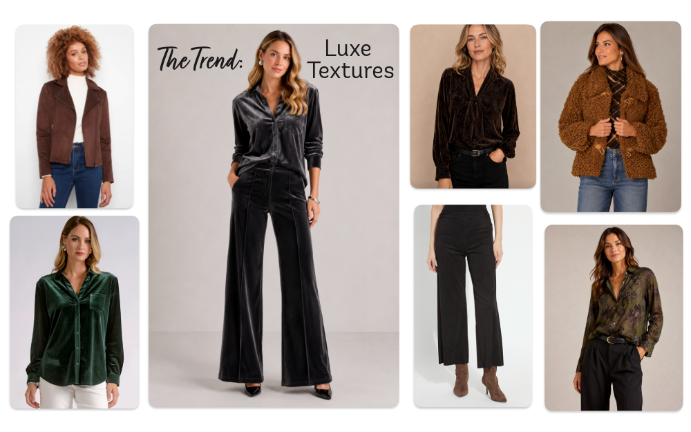 Suede faux fur and velvet fashion trends for Fall 2026 Collage of suede, velvet and other luxe fabric fashion items.